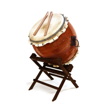 Japanese Taiko percussion drums instrument on a white isolated background.