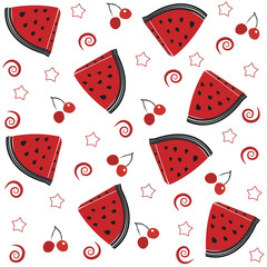 Summer Slices of watermelon and cherry seamless pattern