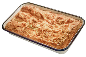 Baked Gibanica Crumpled Cheese Pie, Isolated on White Background.