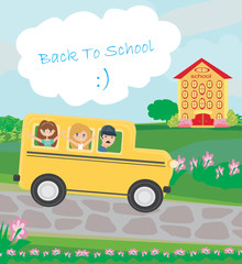 school bus heading to school with happy children