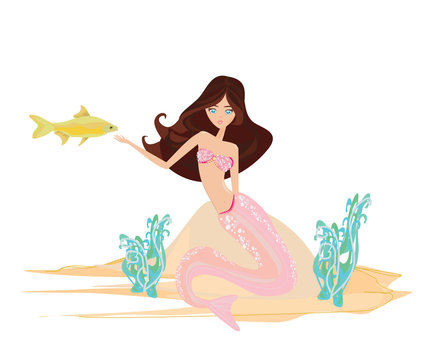Beautiful mermaid and gold fish