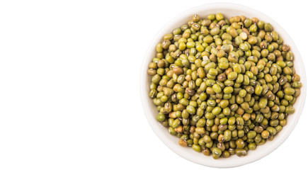 Mung beans in white bowl over white background
