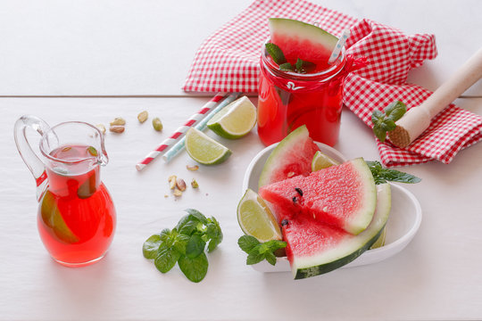 Fresh watermelon with juice and pistachio