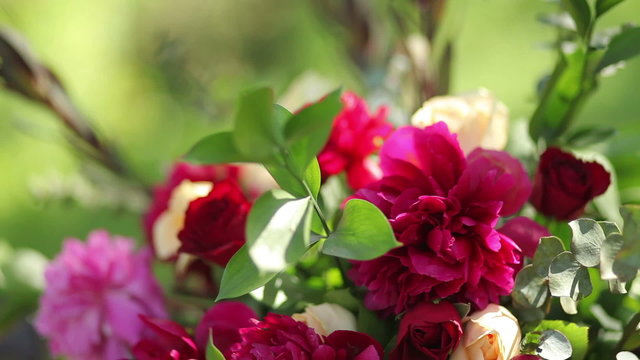 Beautiful bright flowers in bouquet of peonies, roses. Festive bouquet of fresh flowers. 