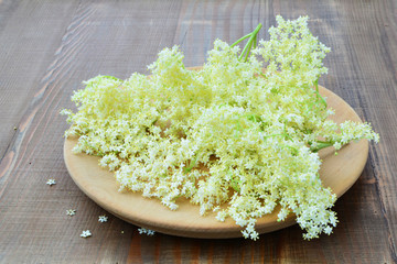 Elderflower blossoms on wooden background