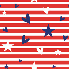 Seamless striped pattern with hearts and stars.