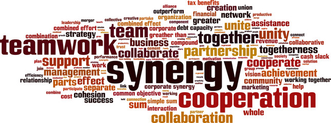 Synergy word cloud concept. Vector illustration