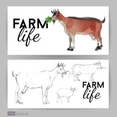 Farm animals. Watercolor vector illustration of goat Flyer
