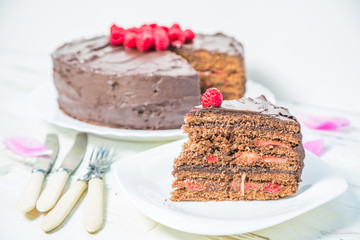 Homemade cake with fresh raspberries