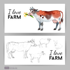 Farm animals. Watercolor vector illustration of cow Flyer