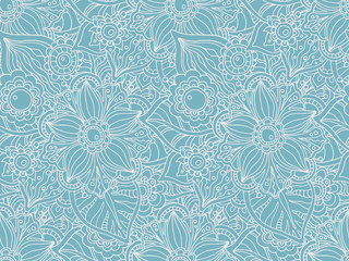 Seamless vector pattern with Doodle flowers and leaves.