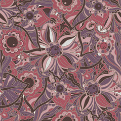 Seamless vector pattern with Doodle flowers and leaves.