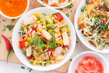fried rice with tofu, noodles with vegetables and herbs