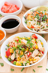 fried rice with tofu, noodles with vegetables and herbs