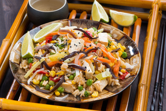 fried rice with tofu, noodles with vegetables and herbs