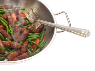 fried merguez sausages with green beans and tomatoes