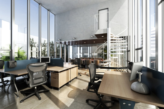  Open interior furnished modern office with large ceilings and windows . Photo realistic 3d rendering