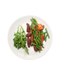 fried merguez sausages with green beans, tomatoes and fresh rocket