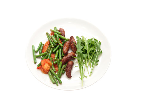 fried merguez sausages with green beans, tomatoes and fresh rocket