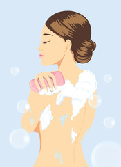 Backside beautiful women shower with shower soap and sponge