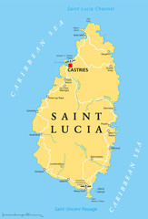 Saint Lucia Political Map with capital Castries and important places. English labeling and scaling. Illustration.