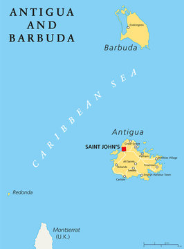Antigua and Barbuda Political Map with capital Saint Johns and important places. English labeling and scaling. Illustration.