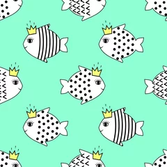 Zelfklevend Fotobehang Mint seamless pattern with smiling fish for kids holidays. Cute baby shower vector background. Child drawing style. © in_dies_magis