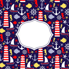 Obraz premium Cute summer holidays vector card. Navy vector seamless sea pattern: sailboat, lighthouse, seagull, fish, anchor, seahorse. Nautical background. Marine life Collection. Baby shower illustration.