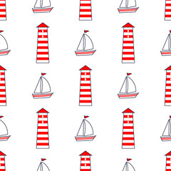 Navy vector seamless sea pattern: sailboat, lighthouse. Cute nautical background. Marine life Background Collection. Baby shower vector illustration.