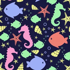Wall murals Sea life Seamless pattern with sea creatures doodles: starfish, fish, seahorse, shell. Cute nautical backgrounds. Marine life Background Collection. Baby shower vector illustration.