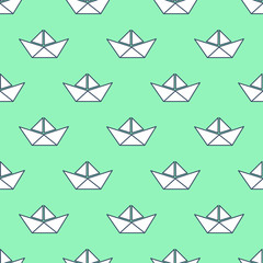 Seamless pattern with white paper boats. Vector illustration. Origami ship seamless background.