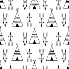Seamless kids wigwam illustration with arrows. Cute indian background pattern in vector © in_dies_magis