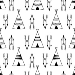 Seamless kids wigwam illustration with arrows. Cute indian background pattern in vector