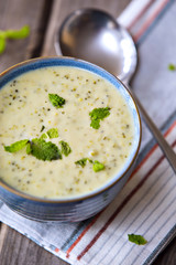 Bowl of broccoli and cheddar cheese soup