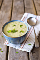 Bowl of broccoli and cheddar cheese soup