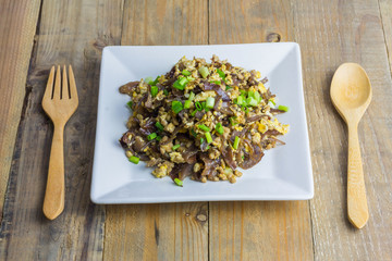 Fried eggs and ear mushrooms