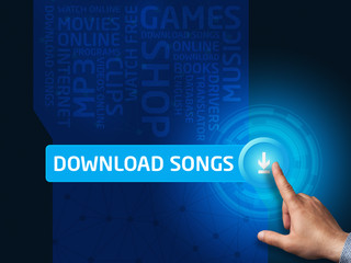 Download songs.Businessman presses a button on the virtual scree