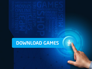 Download games.Businessman presses a button on the virtual scree