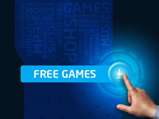 Free games.Businessman presses a button on the virtual screen. B