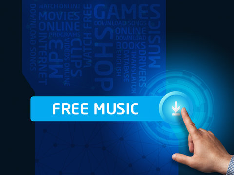 Free music. Businessman presses a button on the virtual screen.