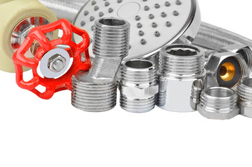 Plumbing fitting, tap and showerhead, isolated on white background