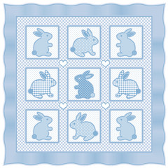 Naklejka na ściany i meble Baby Bunny Rabbits Quilt, hearts, pastel blue polka dots, gingham check