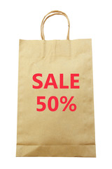 Brown paper shopping bag with Sale 50 % text isolated on white background (clipping path)