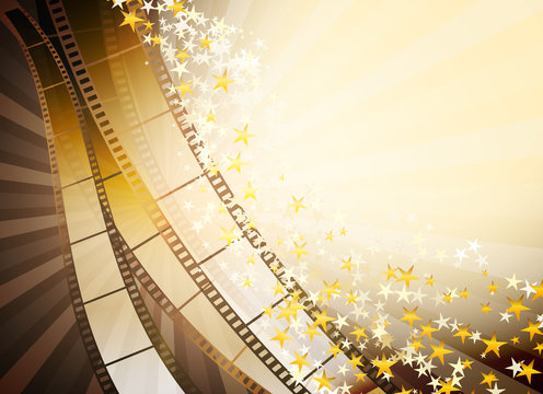 background with retro filmstrip and golden stars