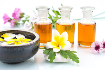 whit flower petal drop on water of china bowl, green leaf on sto