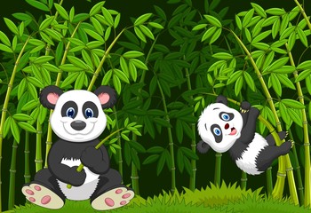 Fototapeta premium Cartoon mom and baby panda in the climbing bamboo tree