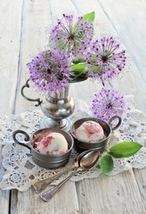 Ice cream in metal cup for two on white background