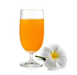Orange juice and frangipani flower isolated on white background
