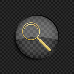 Black badge with gold magnifying glass silhouette on square background