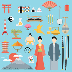 Fototapeta na wymiar Flat Japan icons and symbols set. Illustration on Japanese theme